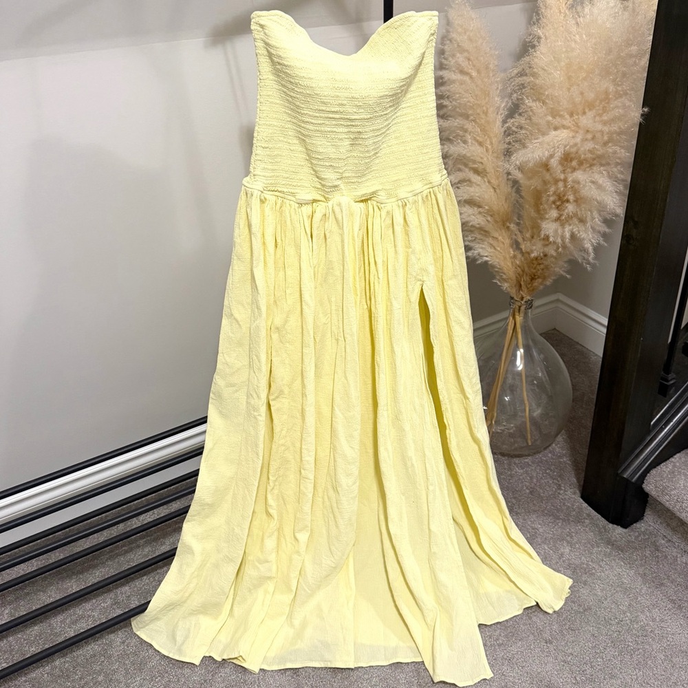 Meshki Yellow Strapless Smocked Maxi Dress | Summer Wedding, Vacation